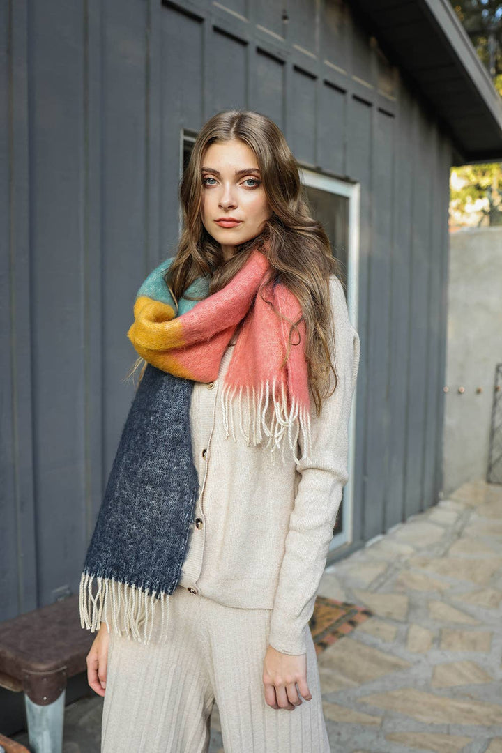 Winter Color Block Faux Mohair Scarf - LT224