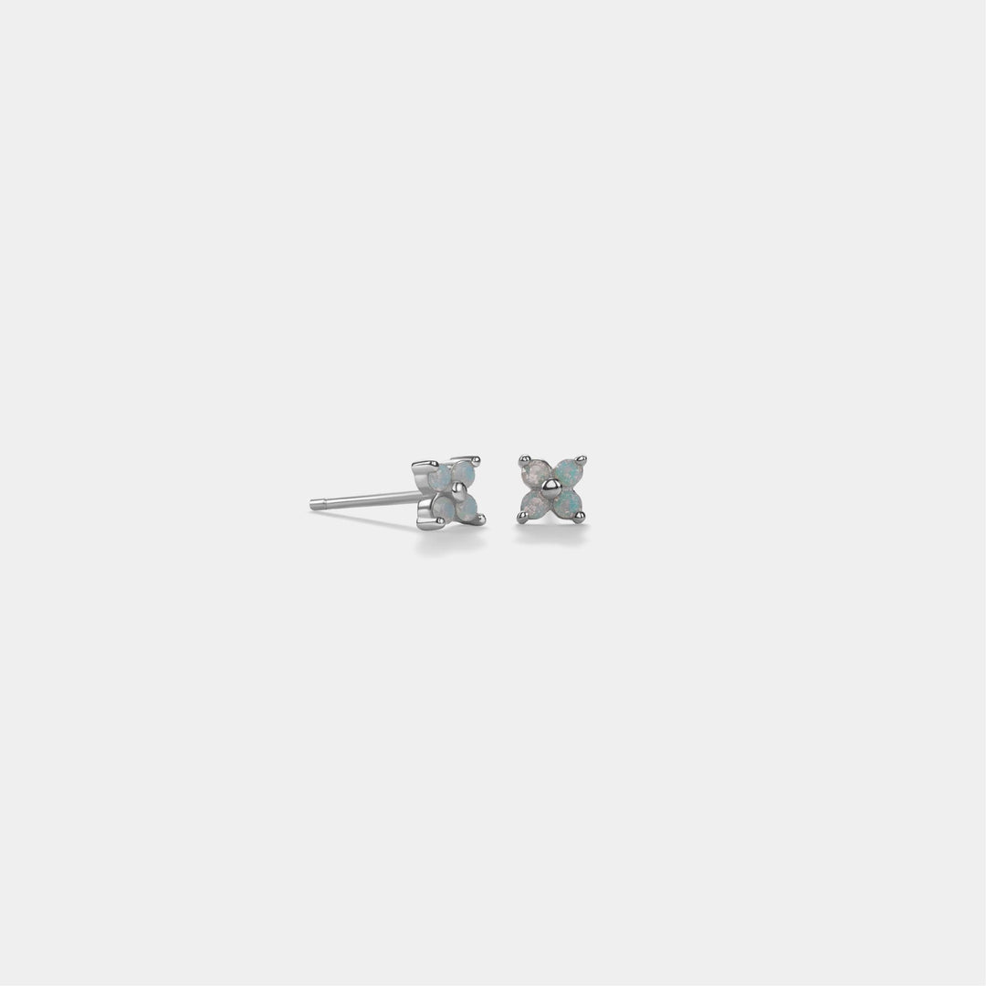Tiny Blue Opal Flower Stud Earrings in 925 Sterling Silver