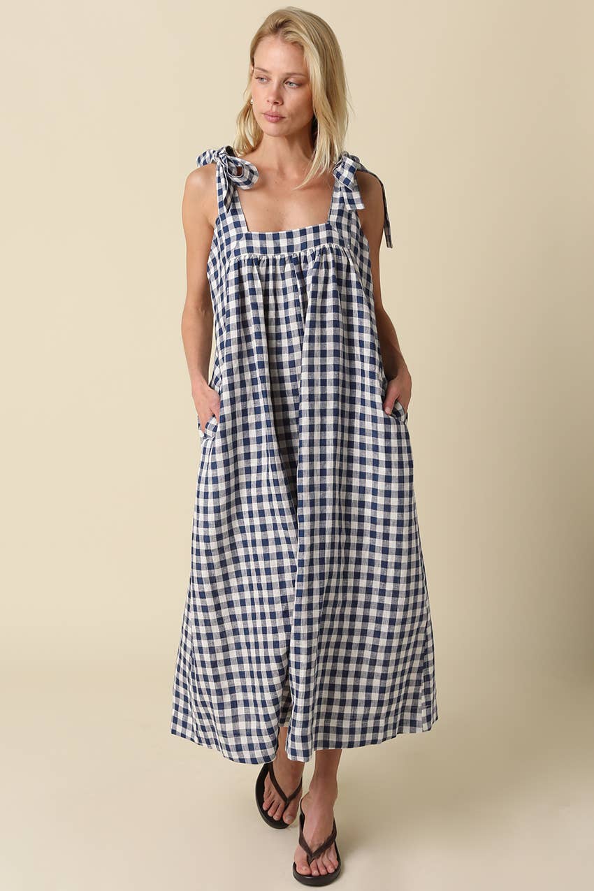 Mia Gingham Tie Strap Maxi Linen Dress OL24
