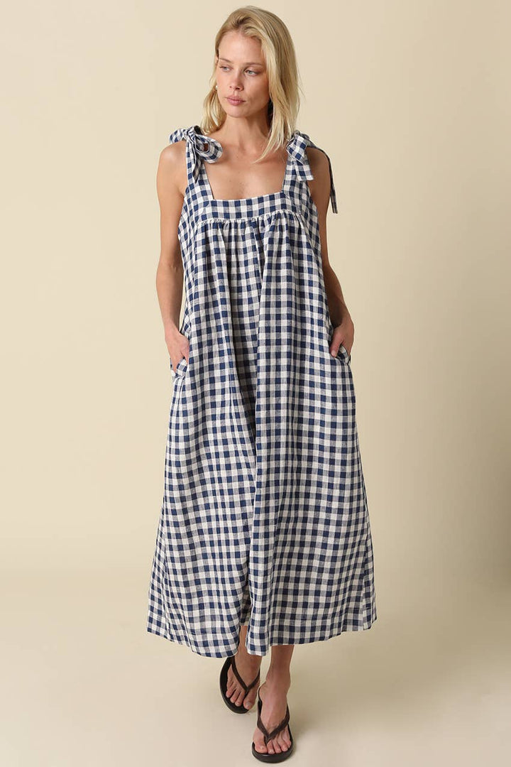 Mia Gingham Tie Strap Maxi Linen Dress OL24