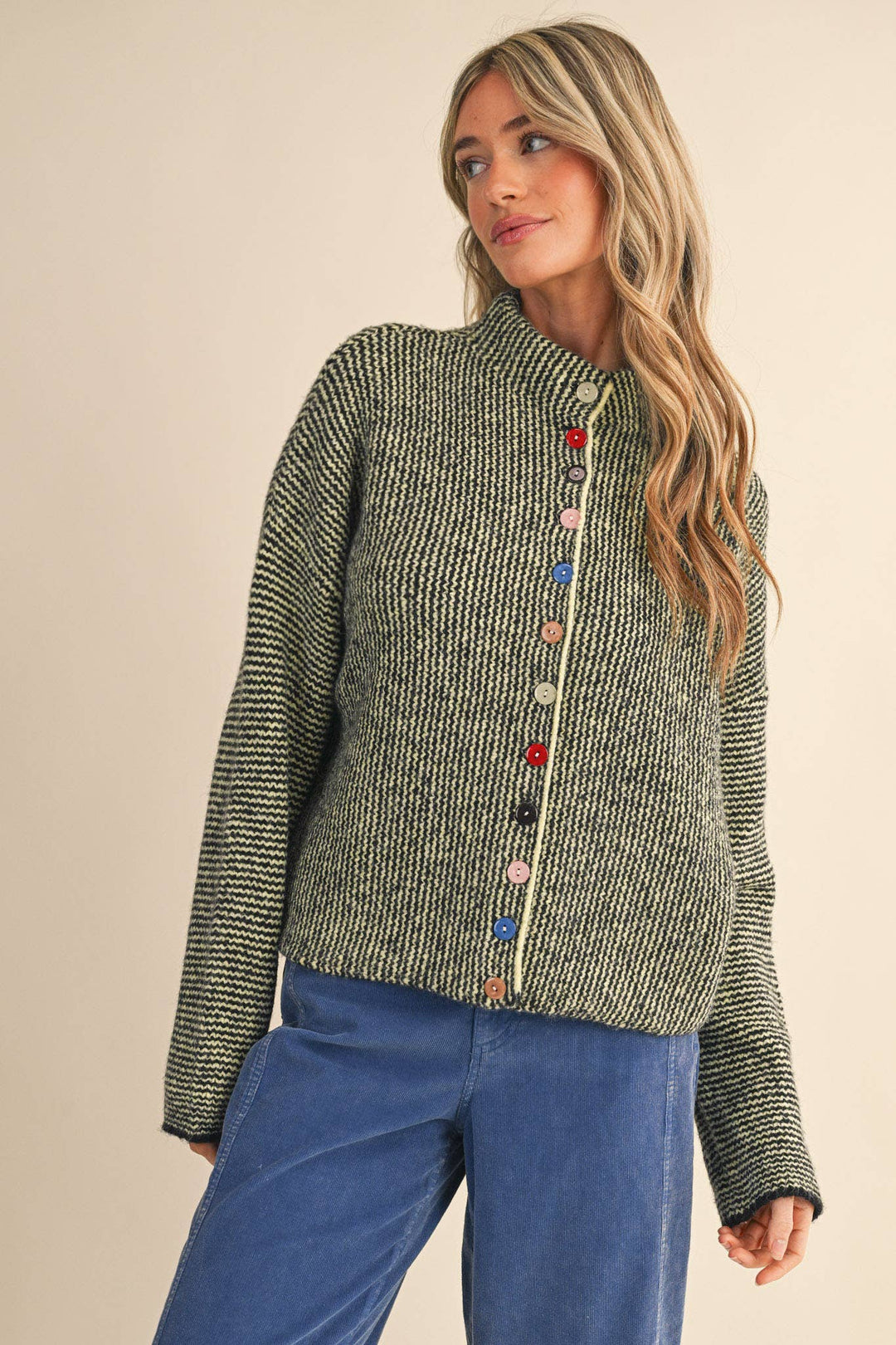 STRIPED SWEATER CARDIGAN WITH COLORFUL BUTTONS MS112