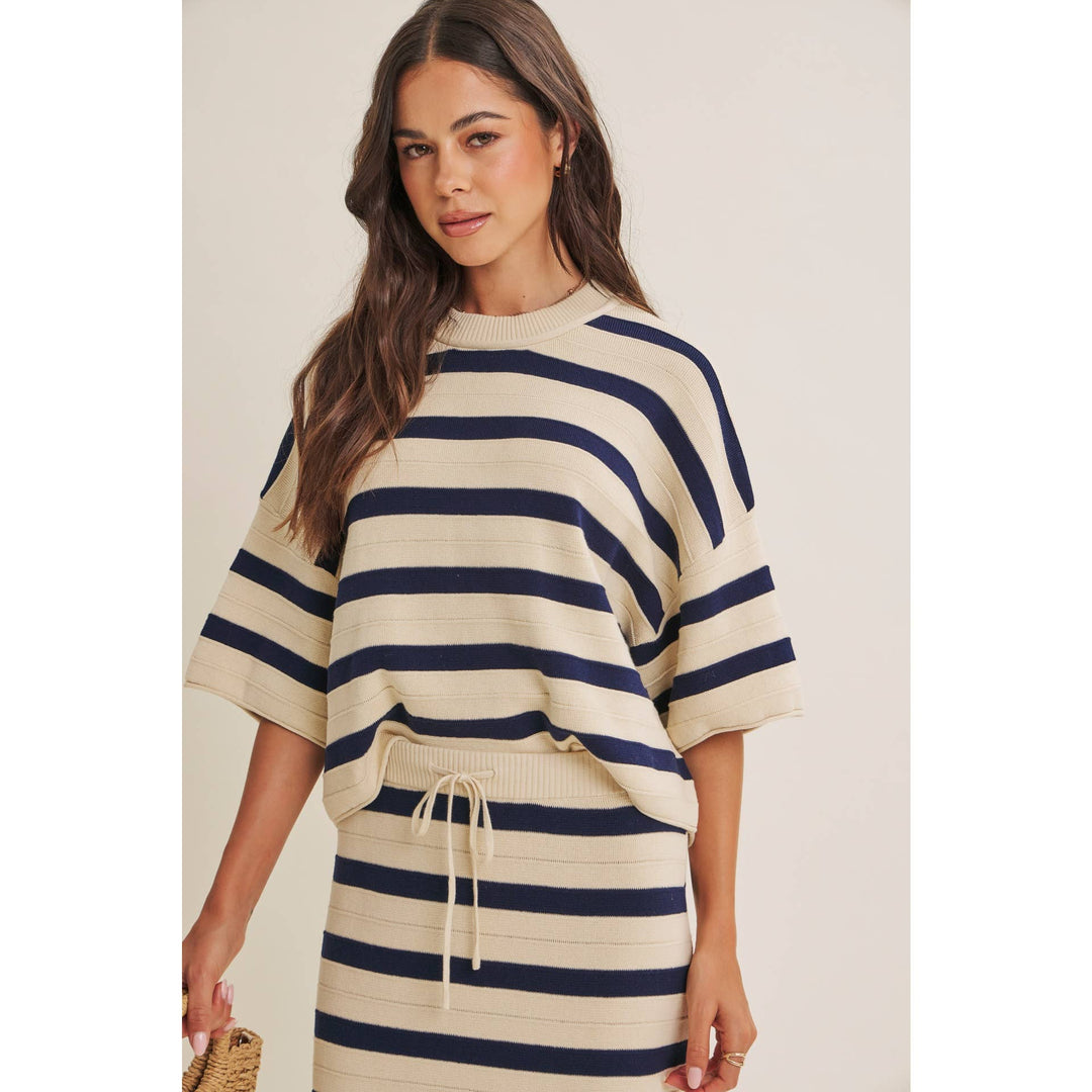 WEEKEND IN CANNES SOFT DRAPE COTTON STRIPE RELAXED SWEATER FB289