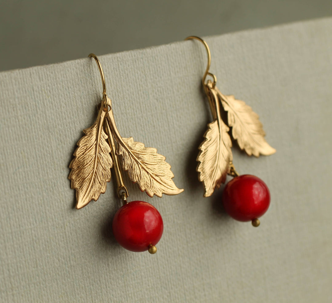 Vintage Brass Red Cherry Earrings SP567