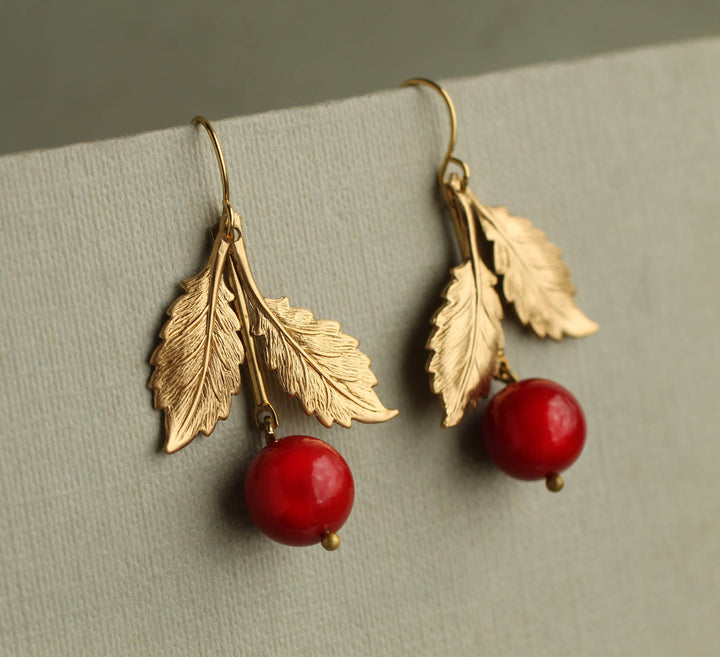 Vintage Brass Red Cherry Earrings SP567