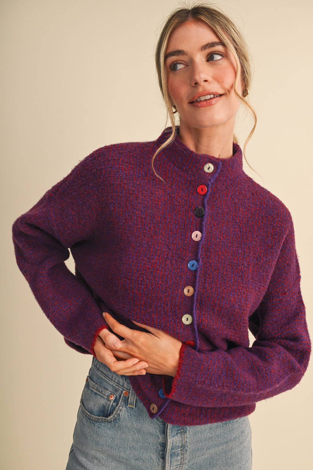 STRIPED SWEATER CARDIGAN WITH COLORFUL BUTTONS MS112