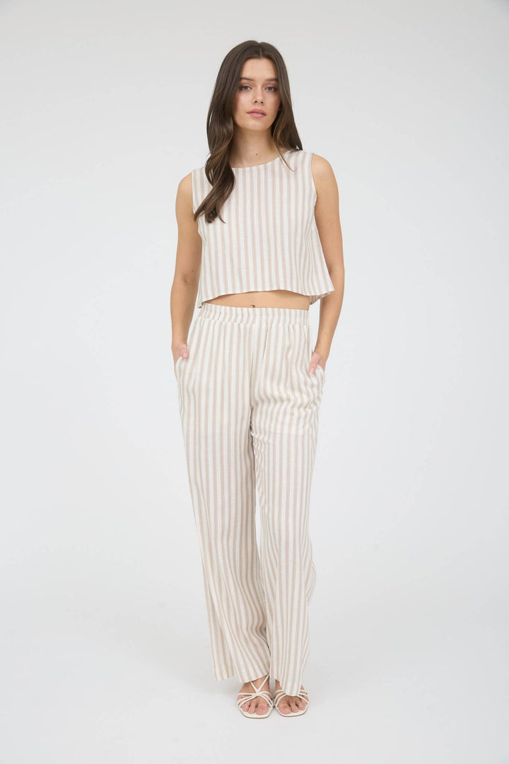 STRIPE LINEN BACK TIE DETAIL SLEEVELESS TOP WS456