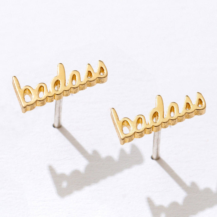 14k Gold Plate Badass Script Studs