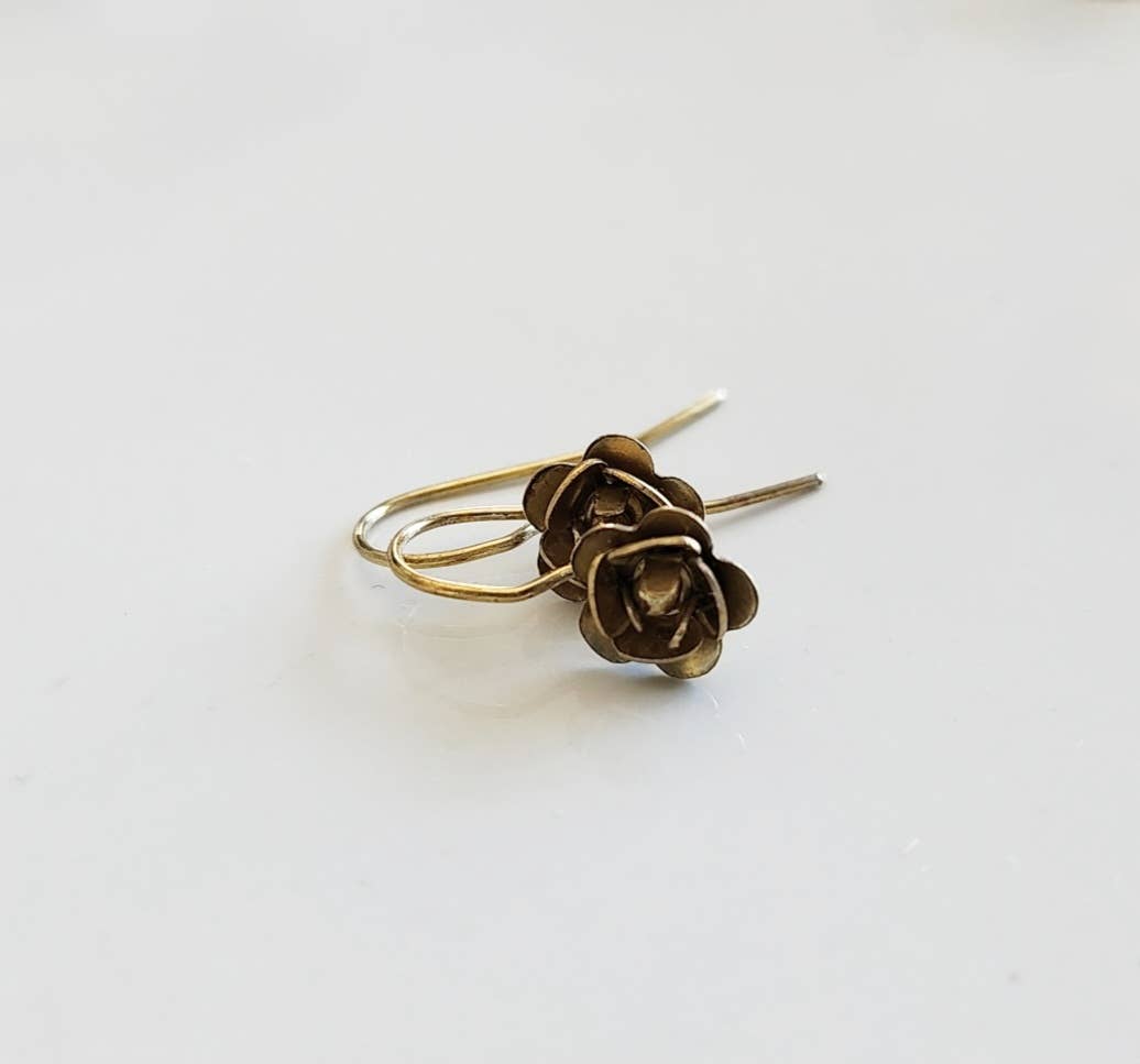 Antiqued and Golden Brass Rosette Flower Dangle Earrings