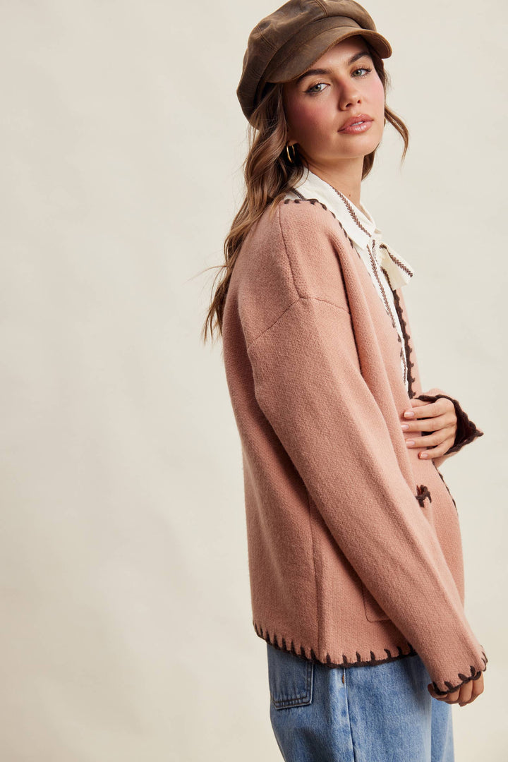 Contrast Whipstitch Knit Cardigan LSW1066