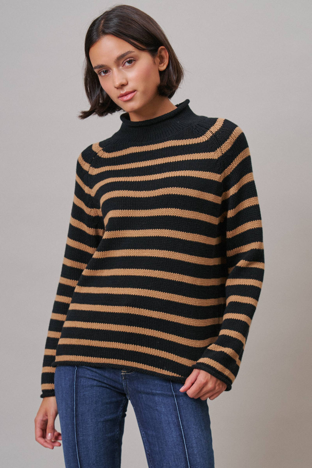 Striped Mock Neck Cotton Knit Sweater