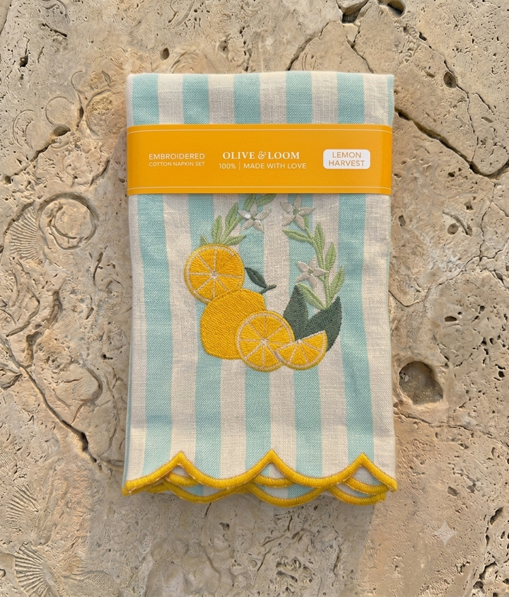 Lemon Harvest Embroidered Dinner Napkins, Set of 4