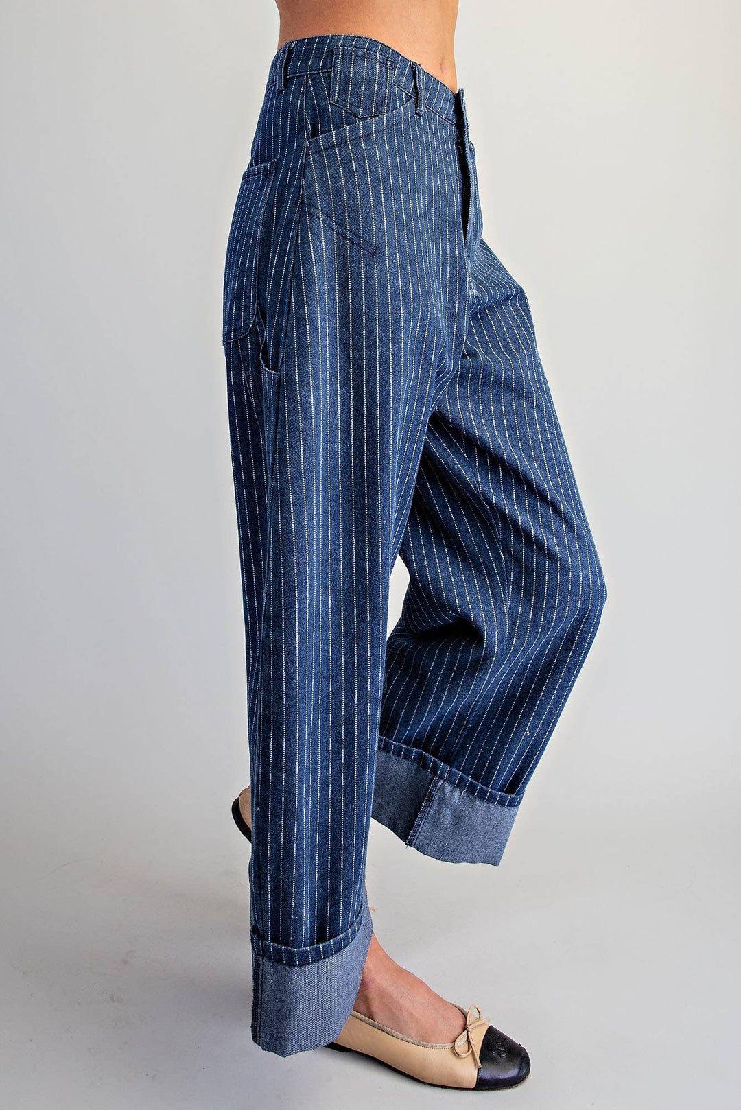PL404 - STRIPED BARREL LEG CUFFED PANTS