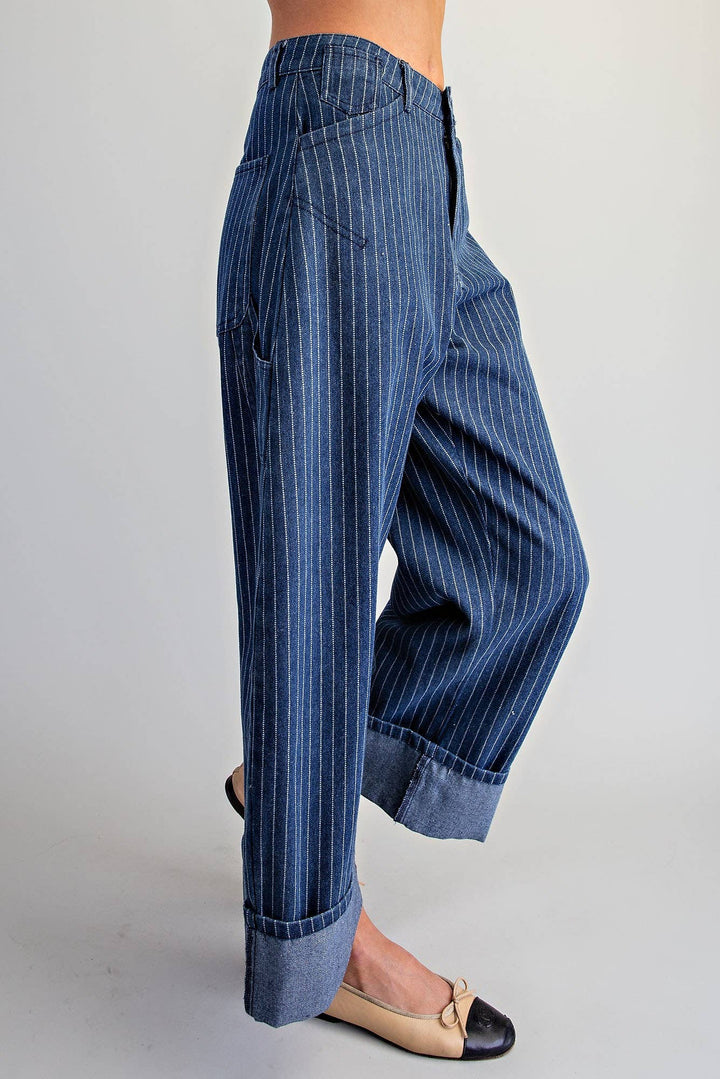 PL404 - STRIPED BARREL LEG CUFFED PANTS
