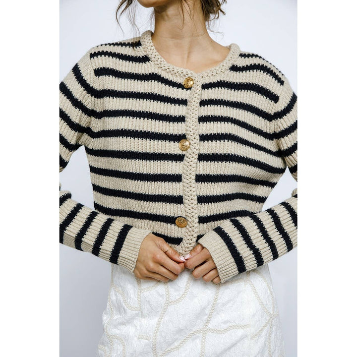 JT944- NAUTICAL STRIPED RIBBED THICK KNIT CARDIGAN