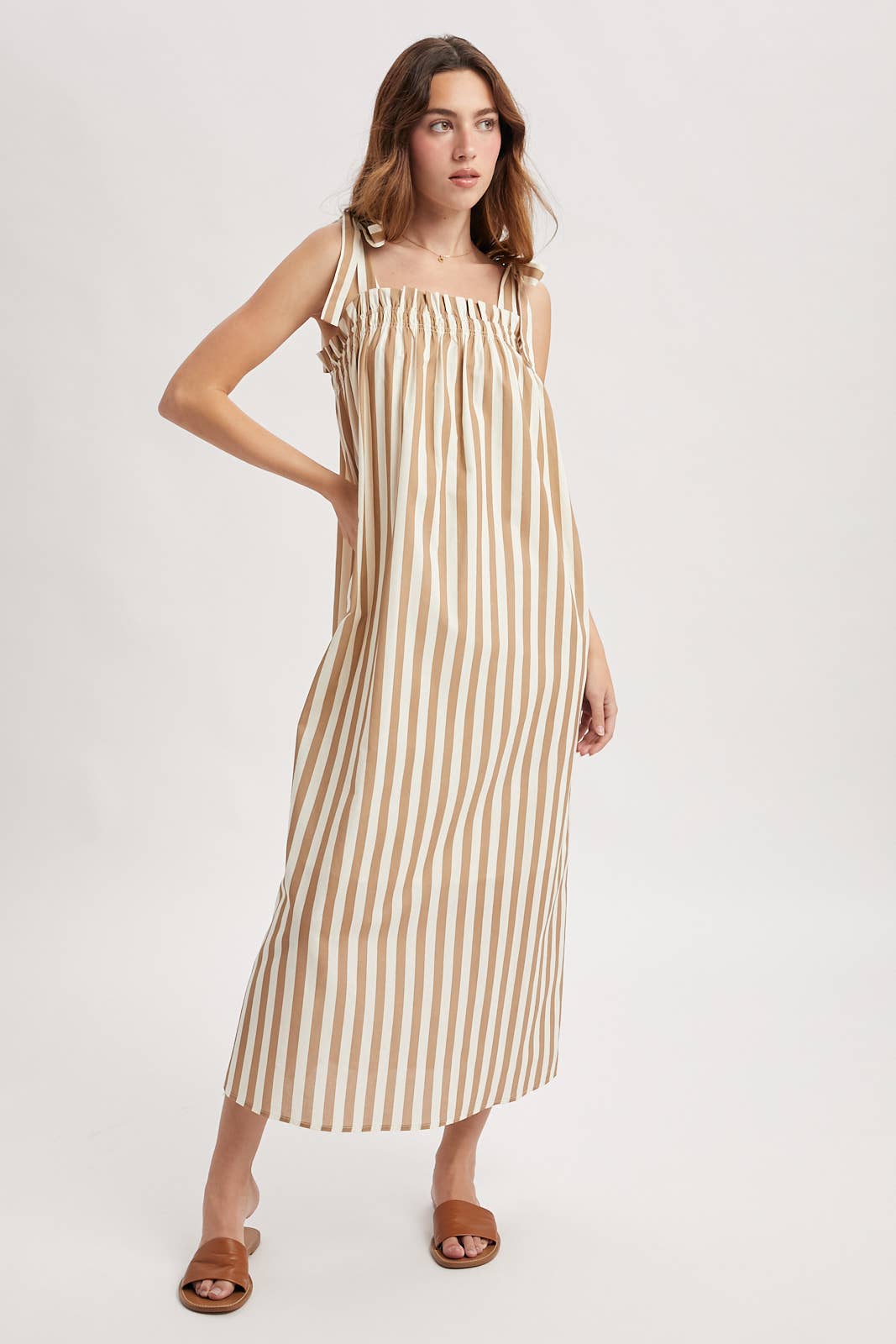 STRIPED SELF SHOULDER TIES MIDI DRESS / WL25