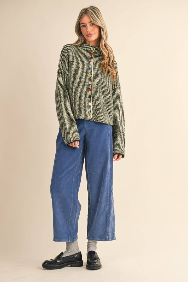 STRIPED SWEATER CARDIGAN WITH COLORFUL BUTTONS MS112
