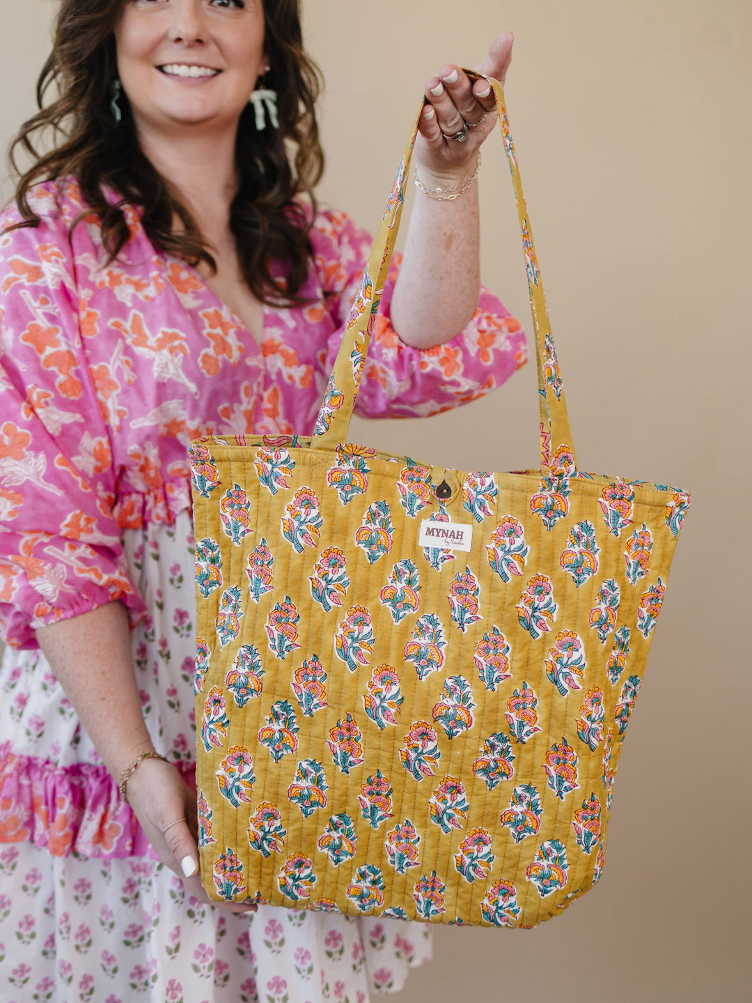 Quilted block print reversible tote bag-compact laptop bag MH42