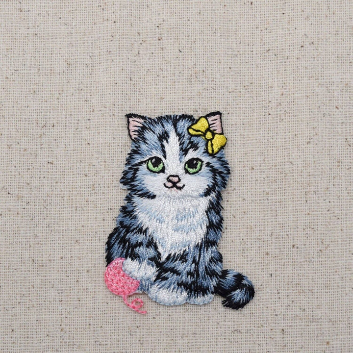 Cat with Pink Yarn Ball, Embroidered, Iron-on Patch IR