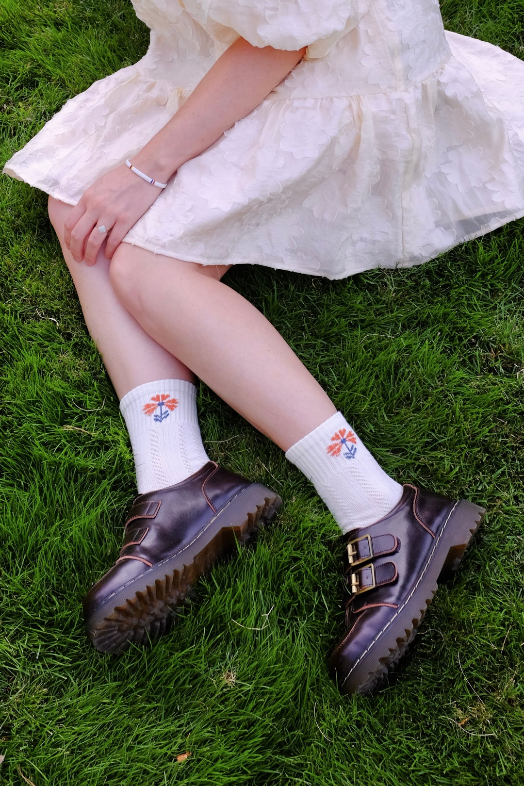 Orange Floral Scandinavian Ribbed Textured Crew Socks