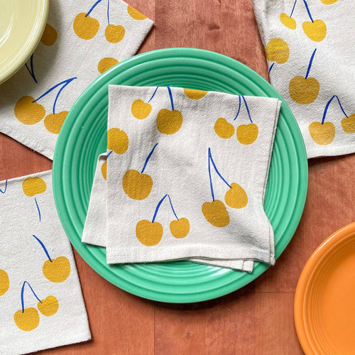 Hand Printed Natural Cotton Cloth Napkins, Yellow Cherries BB22