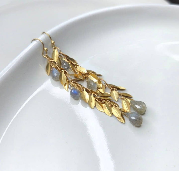 Brass Lightweight Leaf Chain and Labradorite Dangle Earrings