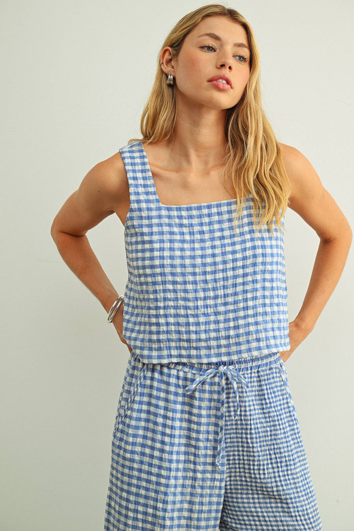 T6550ST   GINGHAM SQUARE NECK SLEEVELESS TOP