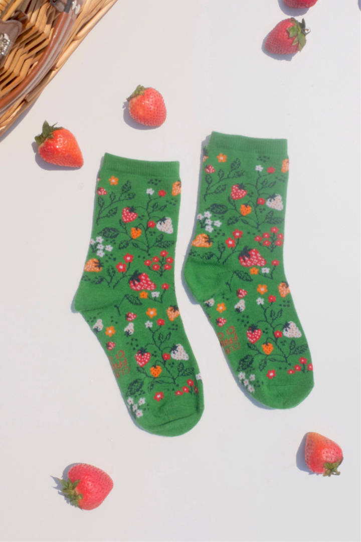 Green Strawberry Floral Whimsical Print Crew Socks