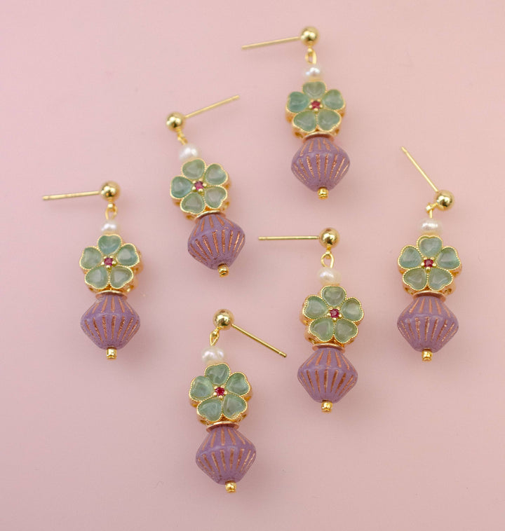 Beaded Green and Purple Dangle Earrings JM129