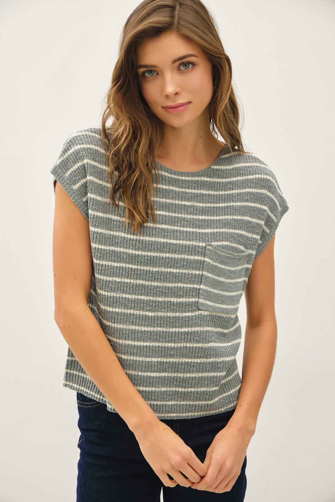 STRIPED CAP SLEEVE SWEATER W FRONT PATCH POCKET BC564