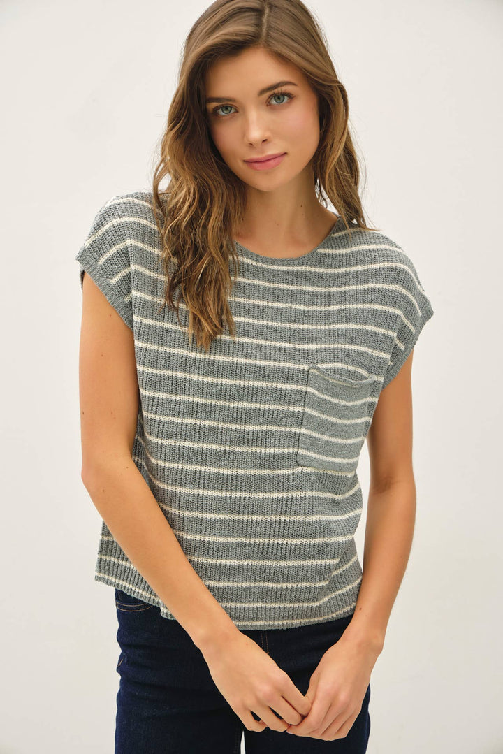 STRIPED CAP SLEEVE SWEATER W FRONT PATCH POCKET BC564