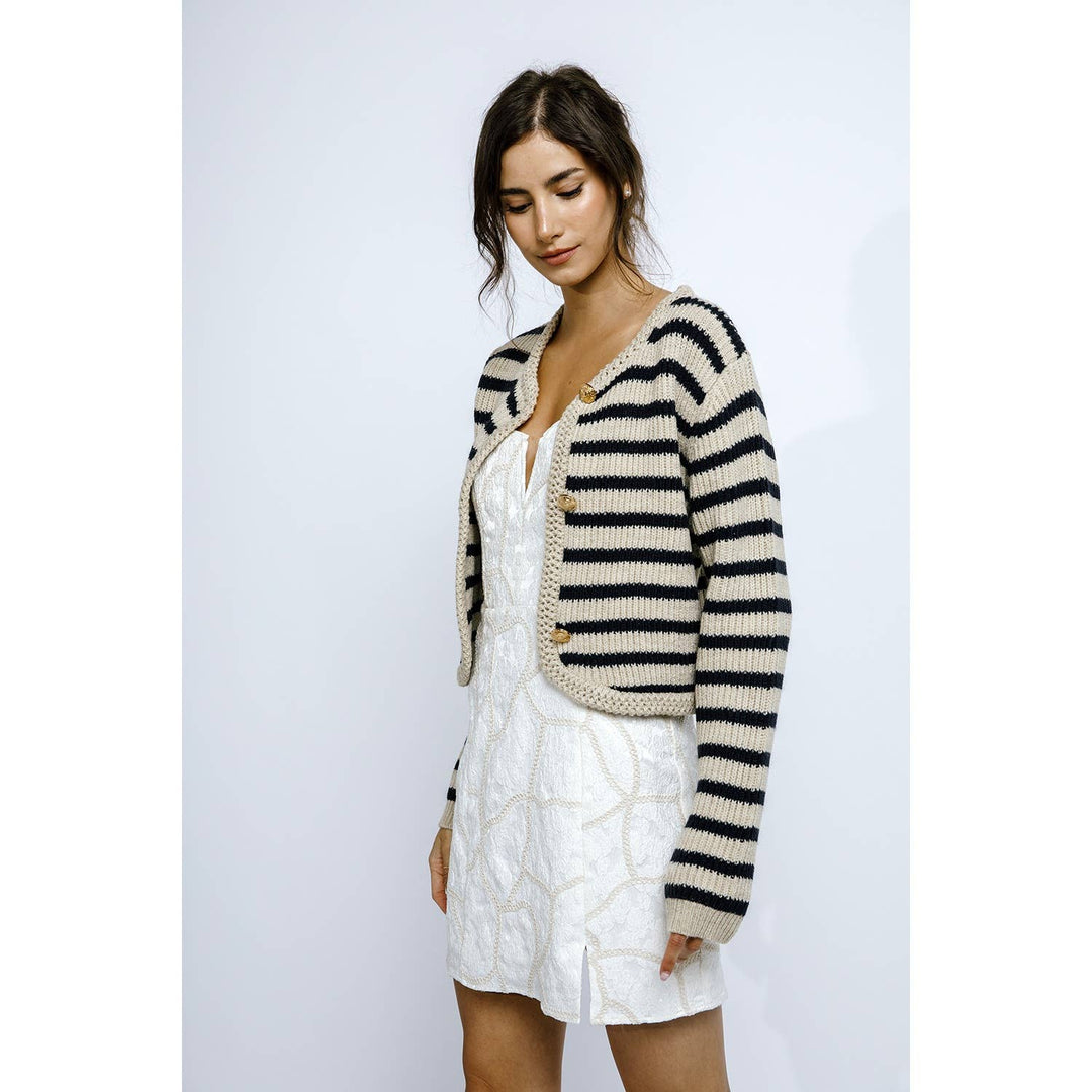 JT944- NAUTICAL STRIPED RIBBED THICK KNIT CARDIGAN