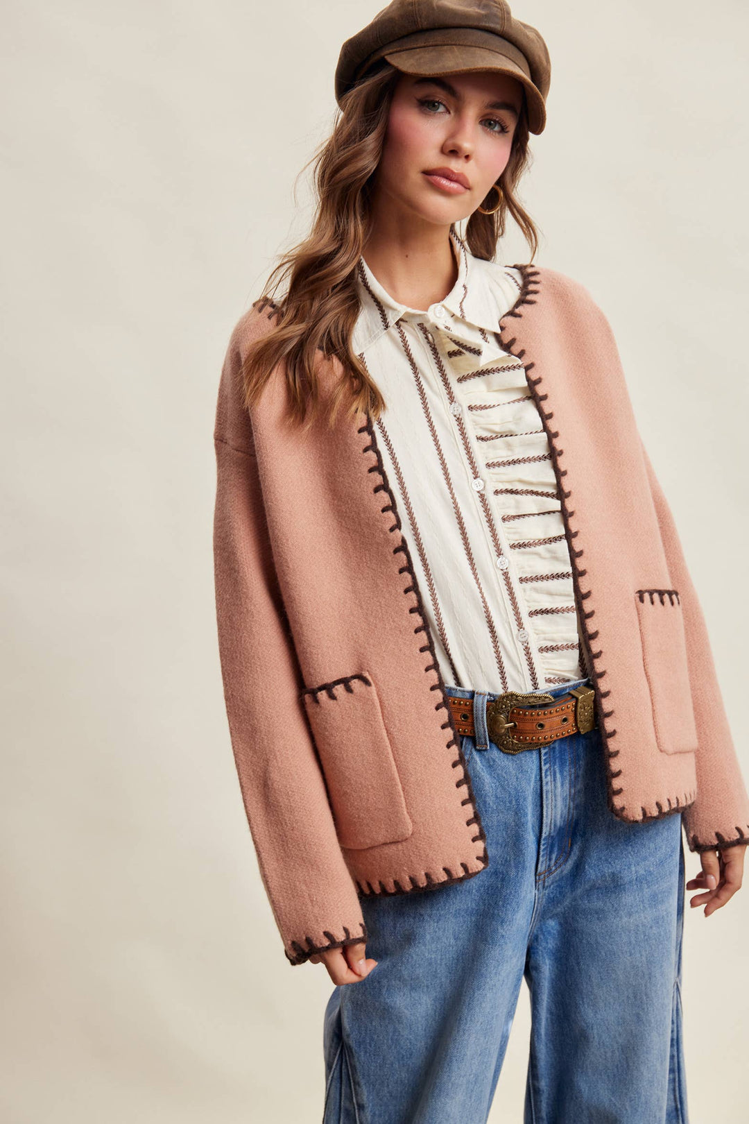 Contrast Whipstitch Knit Cardigan LSW1066