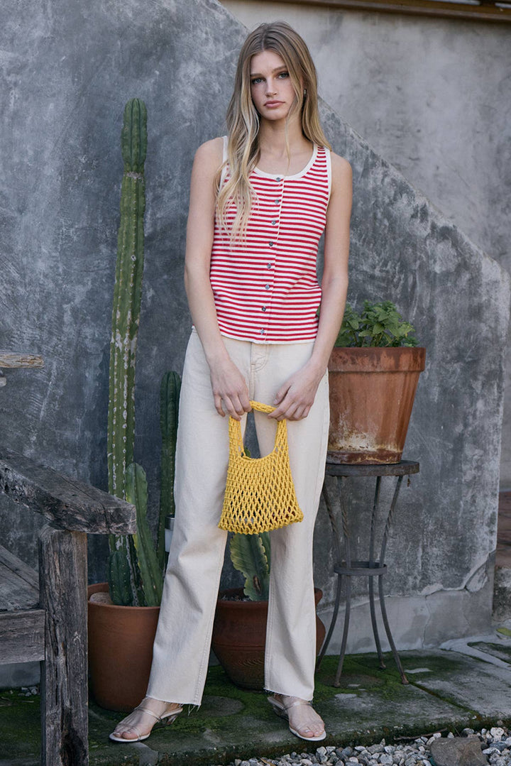 Striped Knit Button Tank Top - RN36