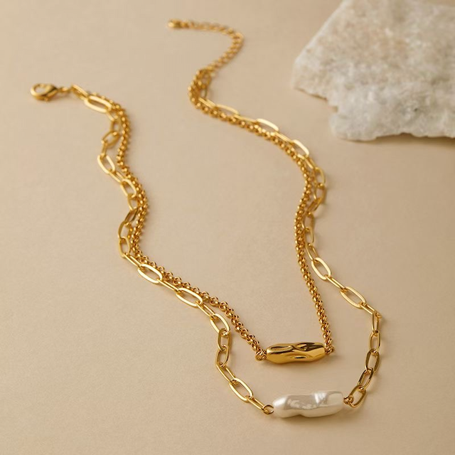 N25308 2 Layer 18K Gold Plated Copper Pearl Charm Necklace