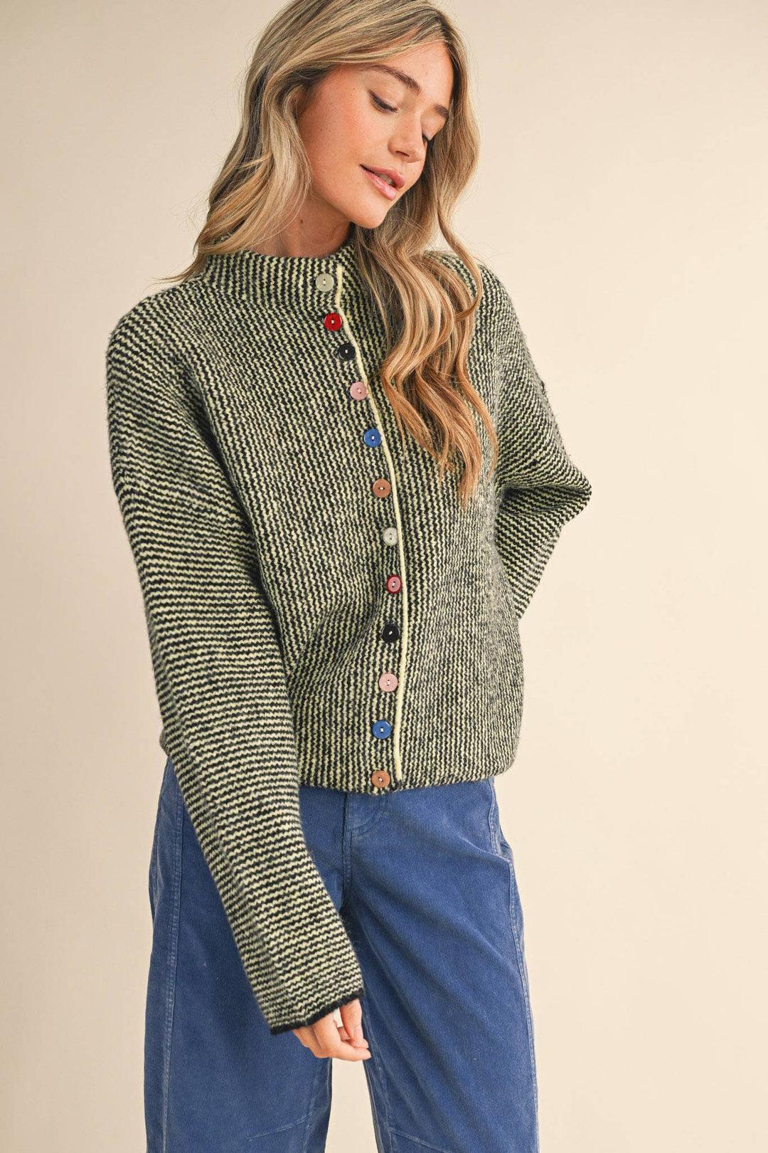 STRIPED SWEATER CARDIGAN WITH COLORFUL BUTTONS MS112