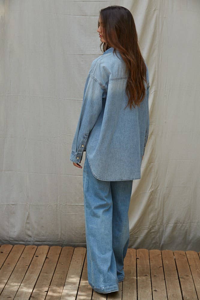 L9120 | Woven Cotton Chambray Denim Button-Down Shirt