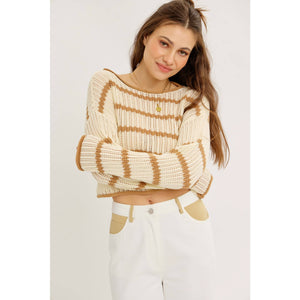LAID BACK STAPLE STRIPE COTTON SWEATER WITH CONTRAST TRIM