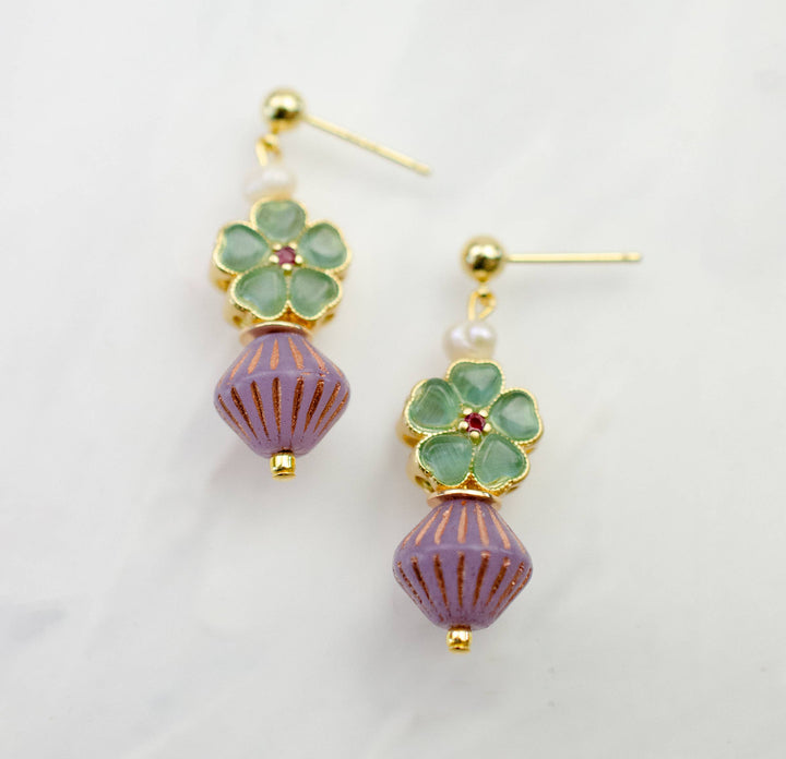 Beaded Green and Purple Dangle Earrings JM129