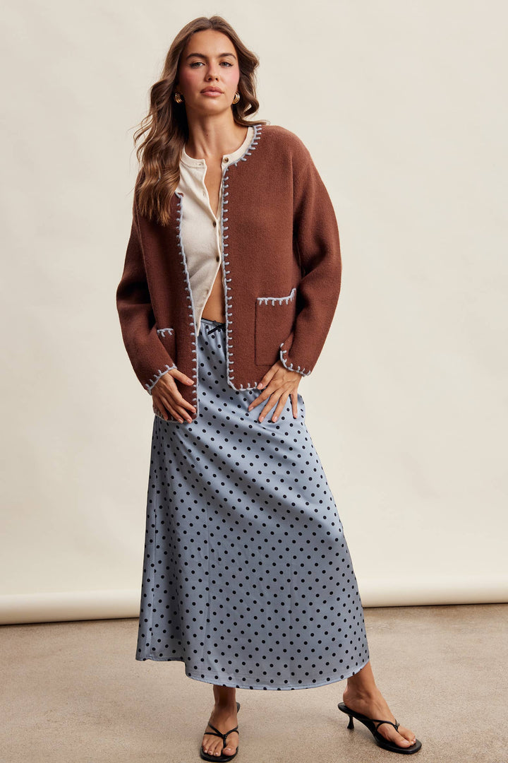 Contrast Whipstitch Knit Cardigan LSW1066