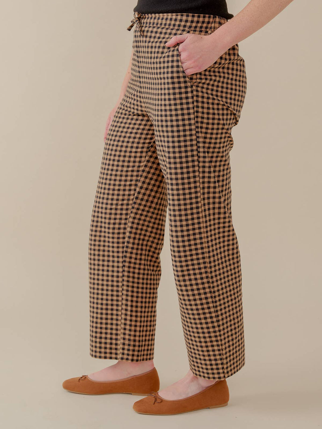 Emmy Drawstring Pant Black and Tan Small Gingham MT99