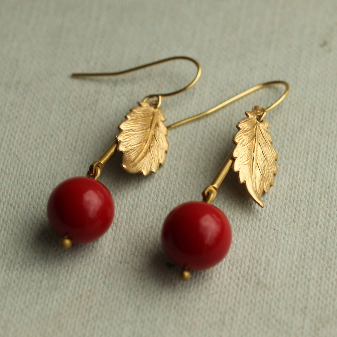 Vintage Brass Red Cherry Earrings SP567
