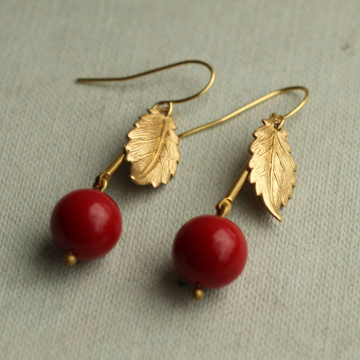 Vintage Brass Red Cherry Earrings SP567