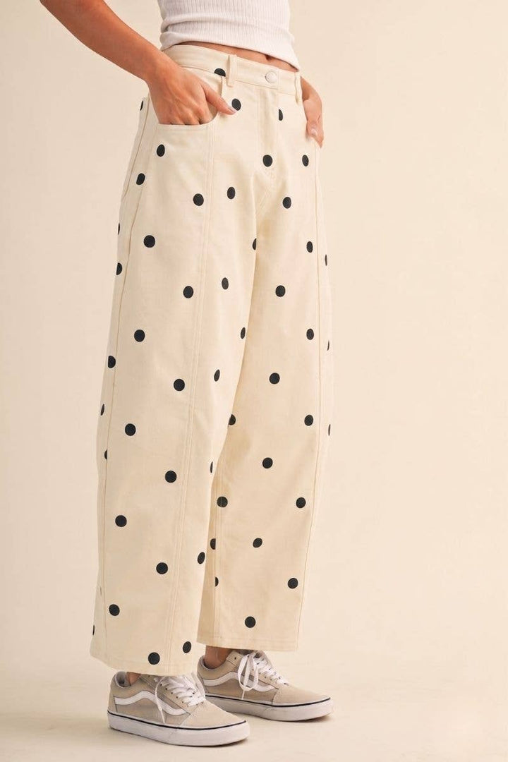 IP1390 POLKADOT STRETCH TWILL MID WAIST BARREL PANTS