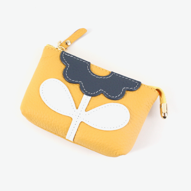 Flower Applique Leather Coin Purse w/Keychain