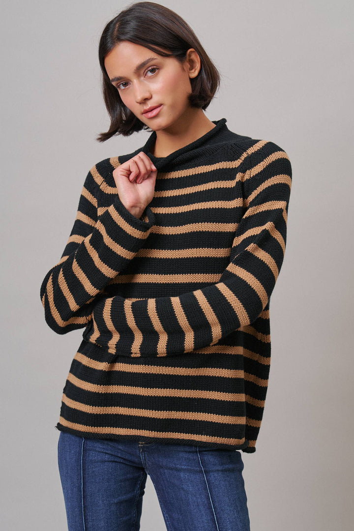 Striped Mock Neck Cotton Knit Sweater