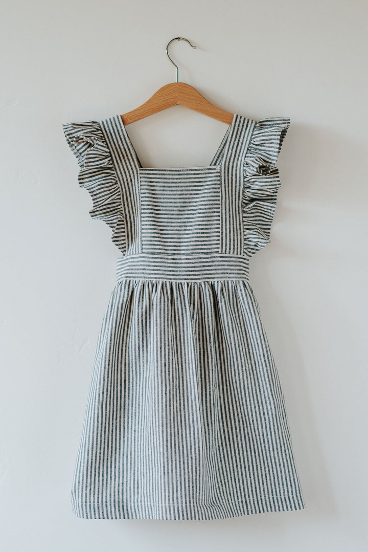 Silly Daisy Ruffle Pinafore Dress - Blue Stripe