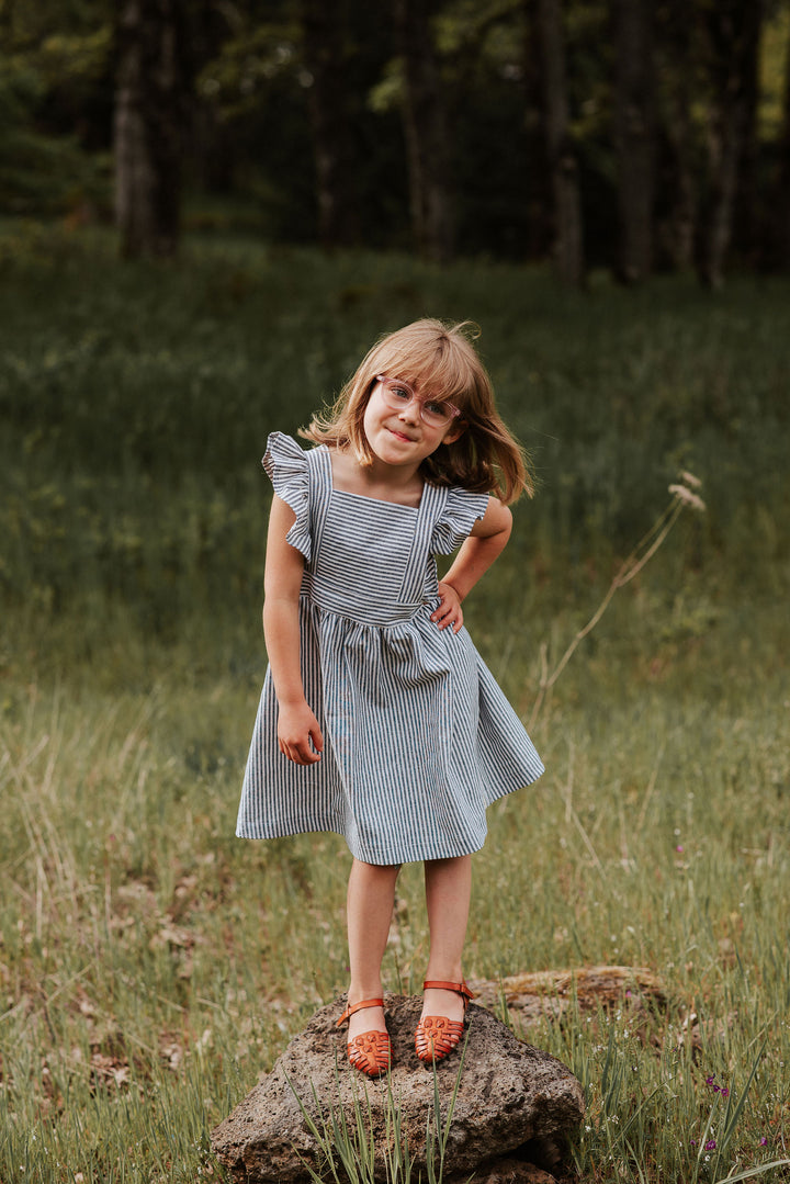 Silly Daisy Ruffle Pinafore Dress - Blue Stripe