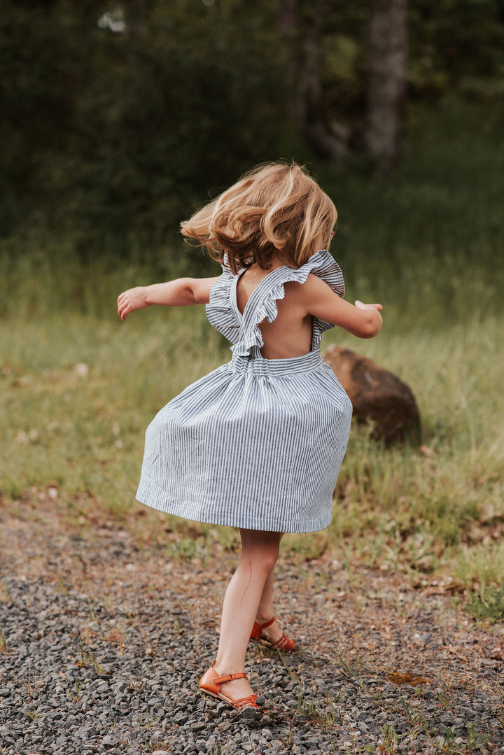 Silly Daisy Ruffle Pinafore Dress - Blue Stripe