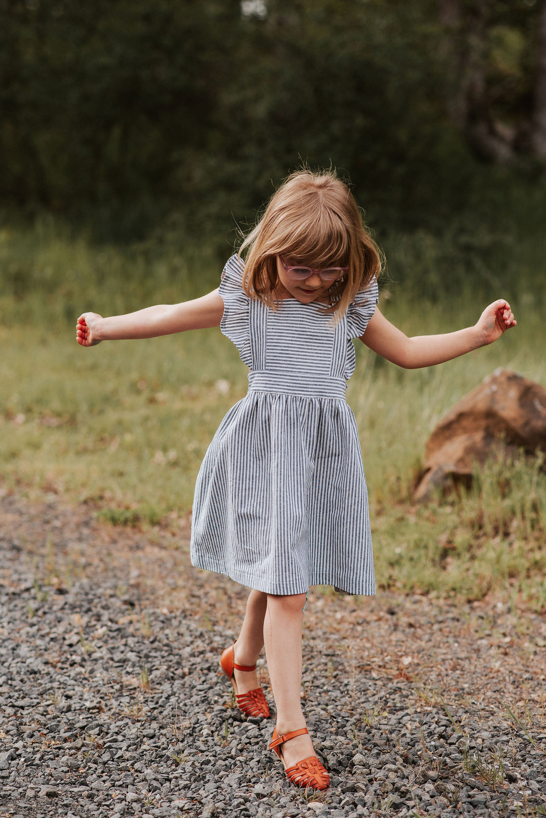Silly Daisy Ruffle Pinafore Dress - Blue Stripe