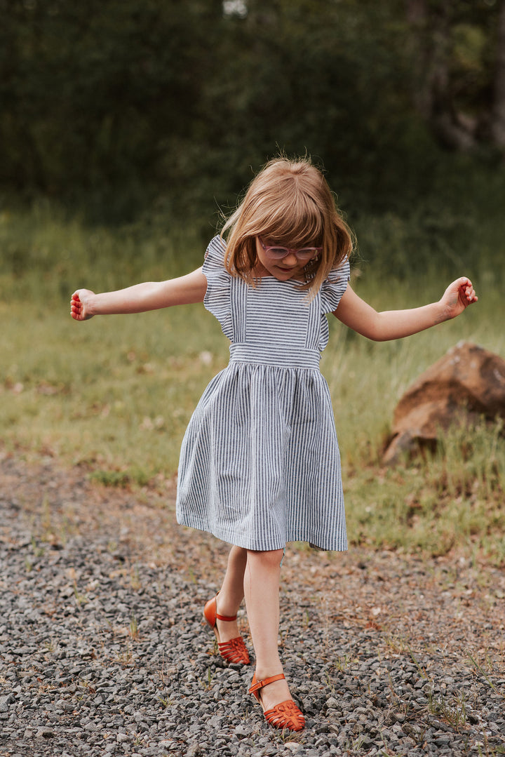 Silly Daisy Ruffle Pinafore Dress - Blue Stripe